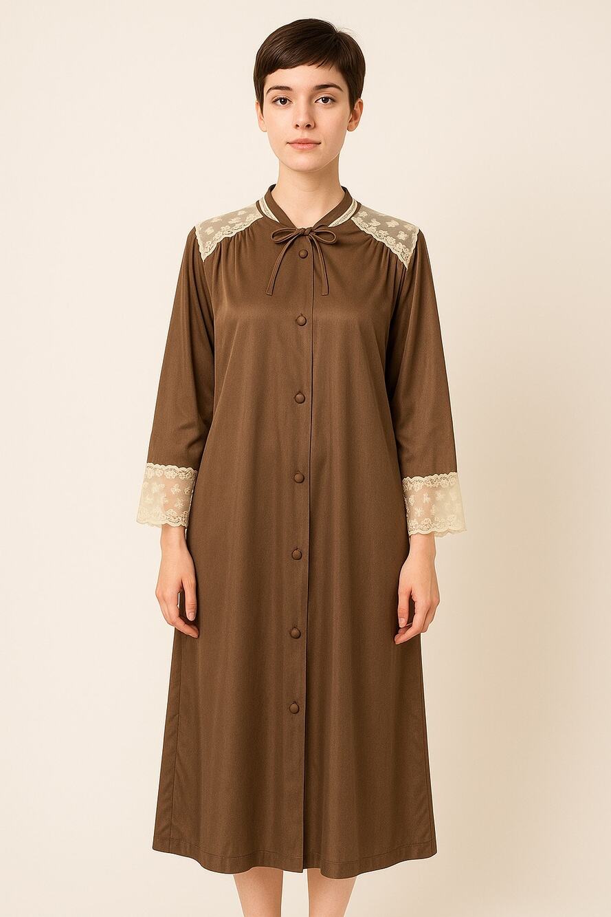 Vintage 70s Sans Souci Brown Nylon Lace Trim Long Robe Duster Sz Large housecoat
